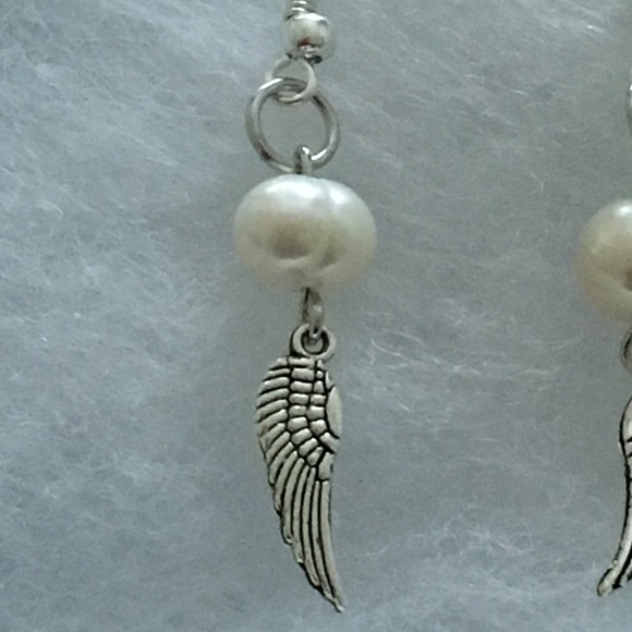 SOLD White Pearl Silver Angel Wing Earrings - Picture 7 of 7